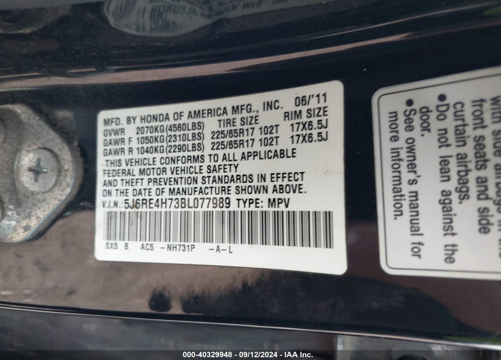 2011 HONDA CR-V EX-L VIN: 5J6RE4H73BL077989