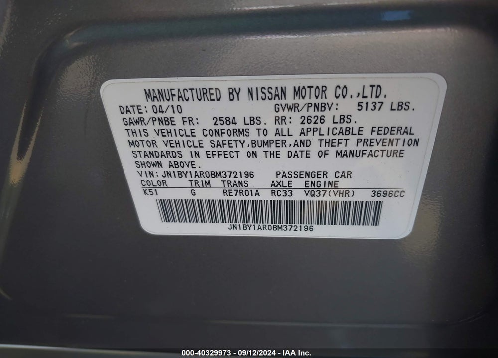 2011 INFINITI M37X VIN: JN1BY1AR0BM372196