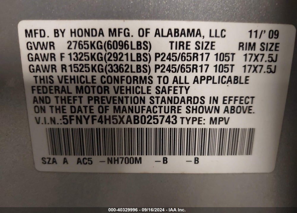 2010 HONDA PILOT EX-L VIN: 5FNYF4H5XAB025743