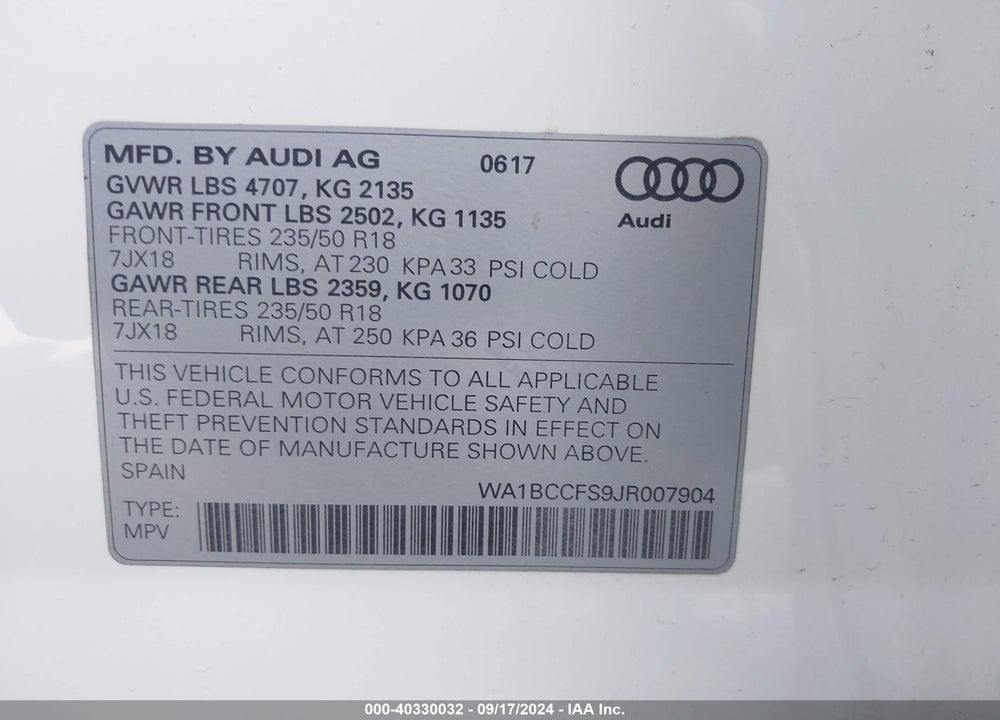 2018 AUDI Q3 2.0T PREMIUM/2.0T SPORT PREMIUM VIN: WA1BCCFS9JR007904