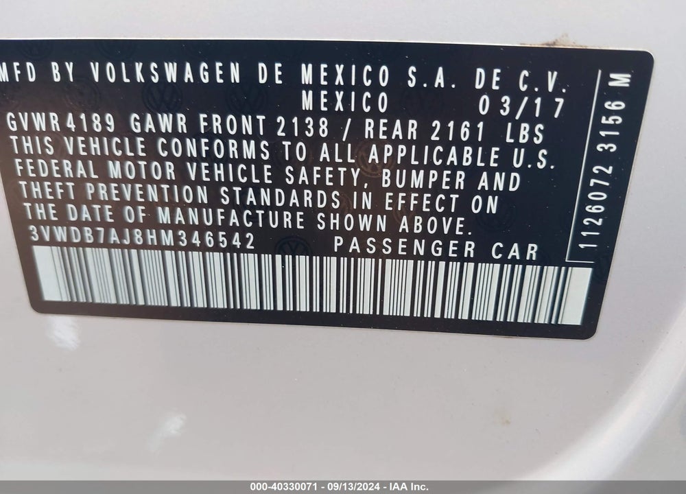 2017 VOLKSWAGEN JETTA 1.4T SE VIN: 3VWDB7AJ8HM346542