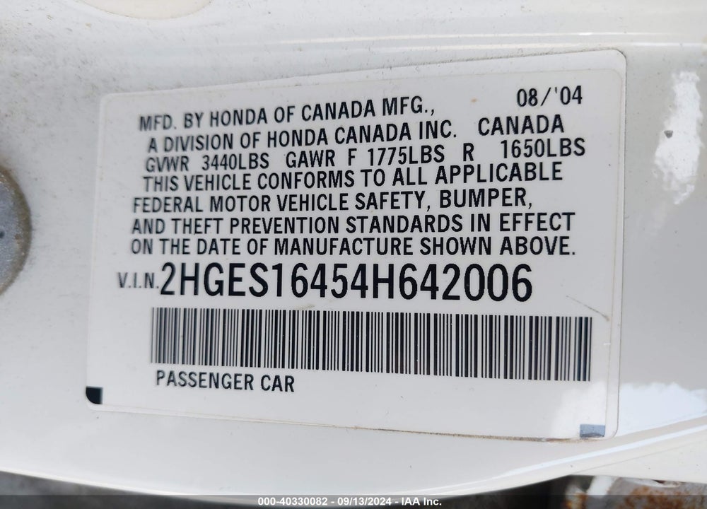 2004 HONDA CIVIC VP VIN: 2HGES16454H642006