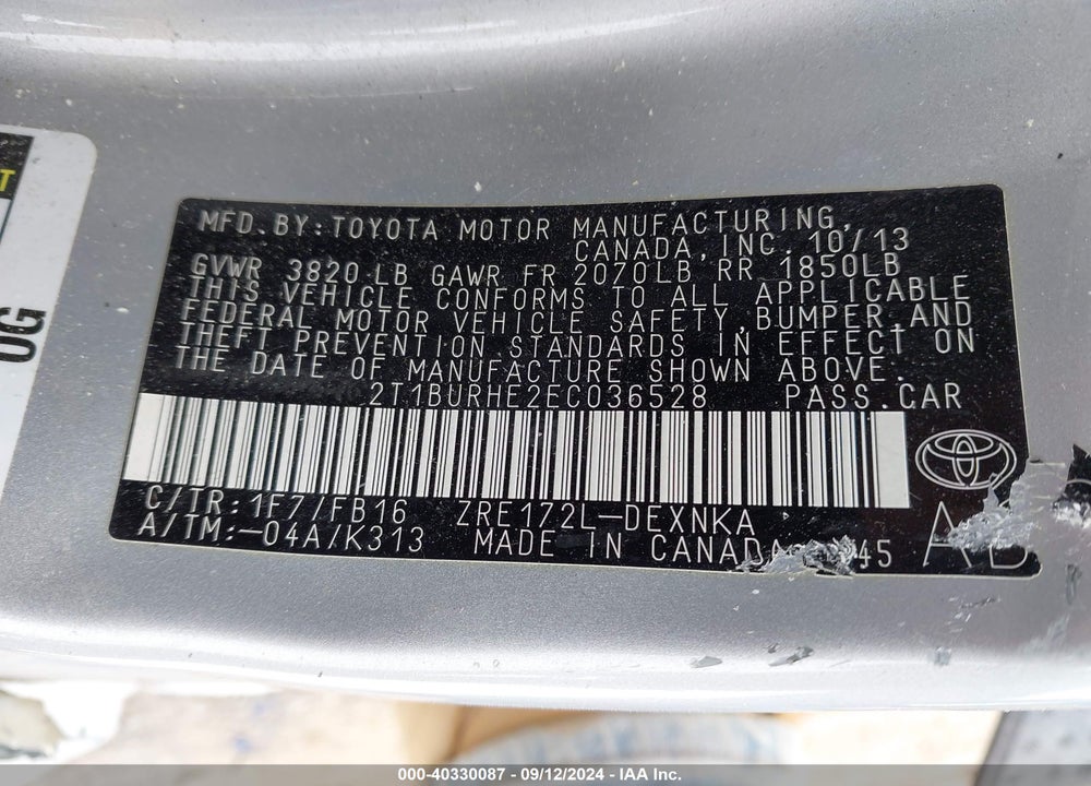 2014 TOYOTA COROLLA LE VIN: 2T1BURHE2EC036528