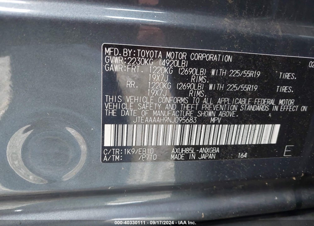 2022 TOYOTA VENZA XLE VIN: JTEAAAAH9NJ095683