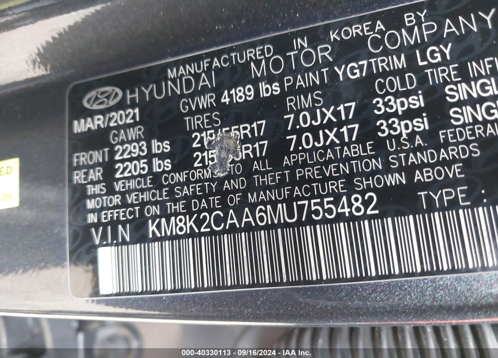 2021 HYUNDAI KONA SEL VIN: KM8K2CAA6MU755482