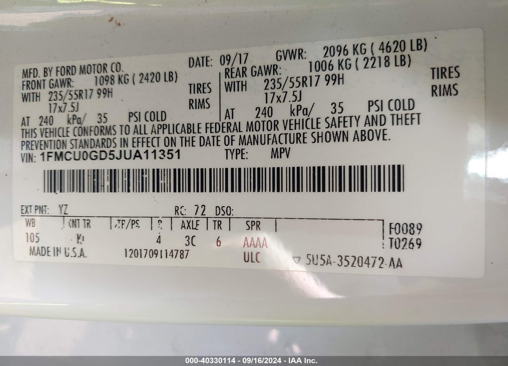 2018 FORD ESCAPE SE VIN: 1FMCU0GD5JUA11351