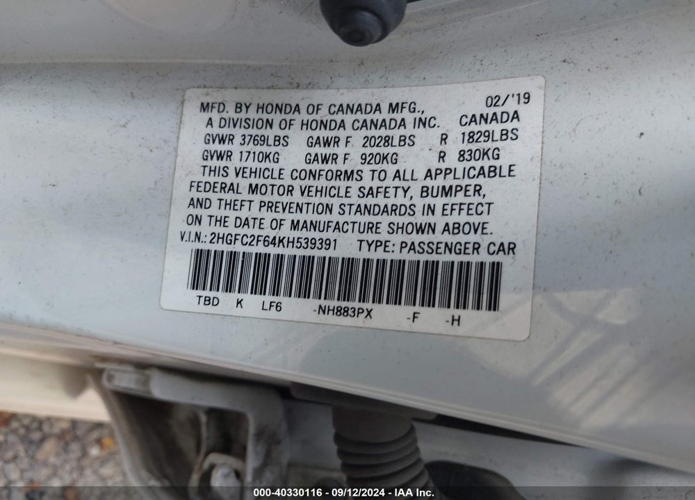 2019 HONDA CIVIC LX VIN: 2HGFC2F64KH539391