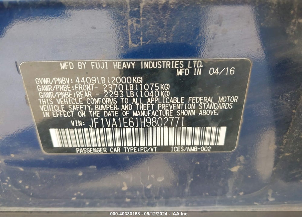 2017 SUBARU WRX PREMIUM VIN: JF1VA1E61H9802771