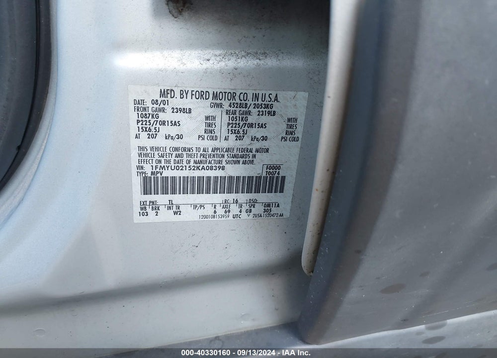 2002 FORD ESCAPE XLS VIN: 1FMYU02152KA08398