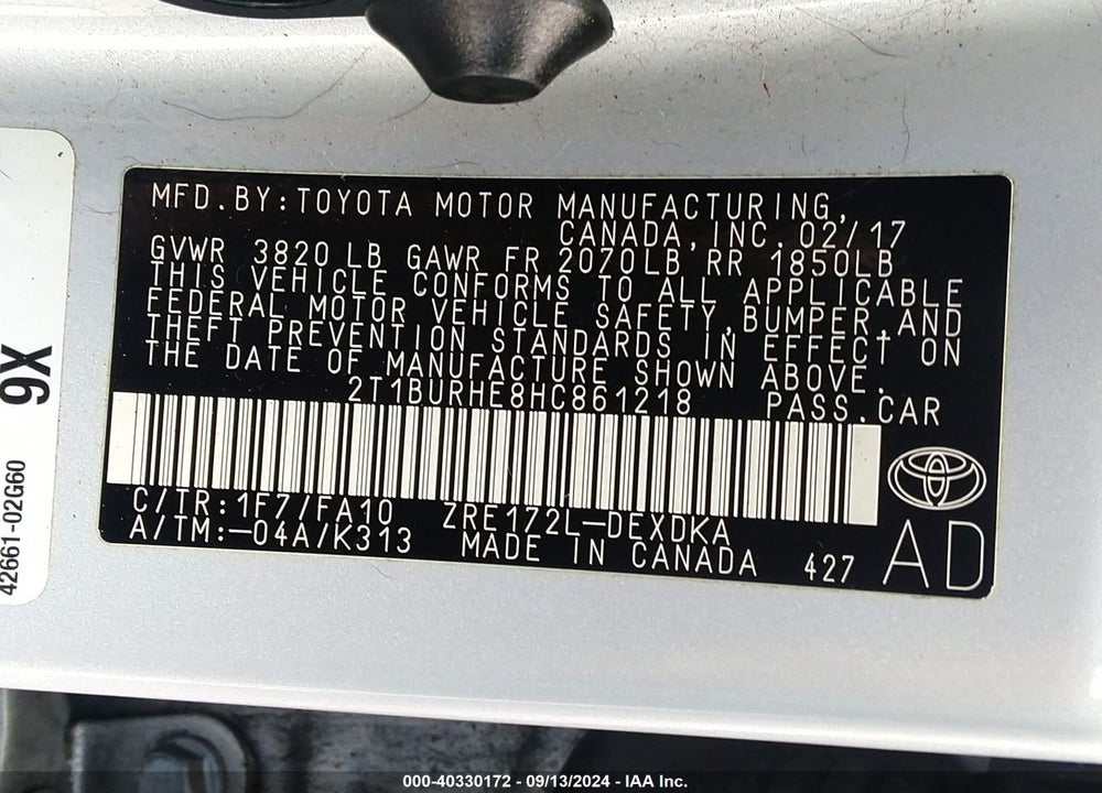 2017 TOYOTA COROLLA L VIN: 2T1BURHE8HC861218