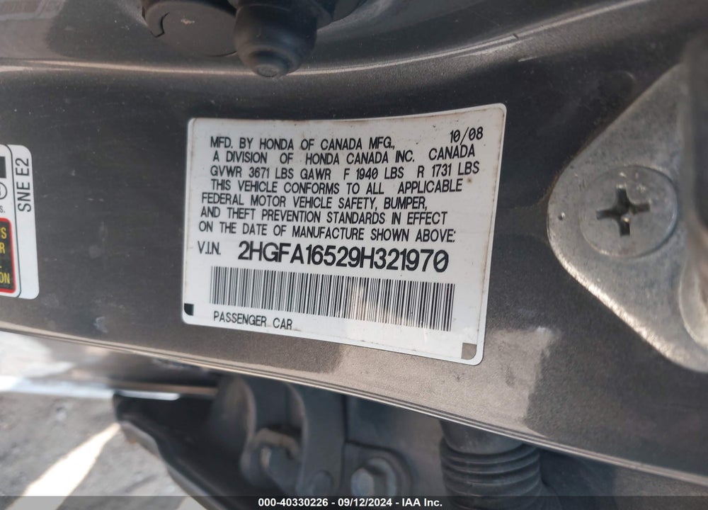 2009 HONDA CIVIC LX VIN: 2HGFA16529H321970