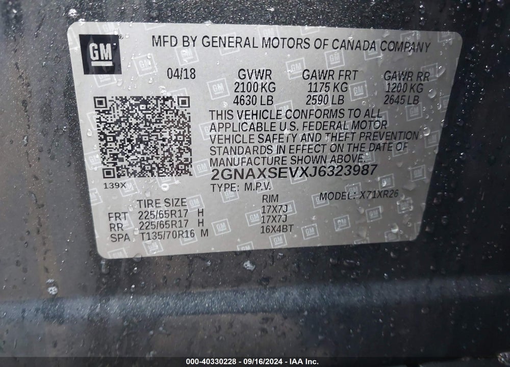 2018 CHEVROLET EQUINOX LT VIN: 2GNAXSEVXJ6323987