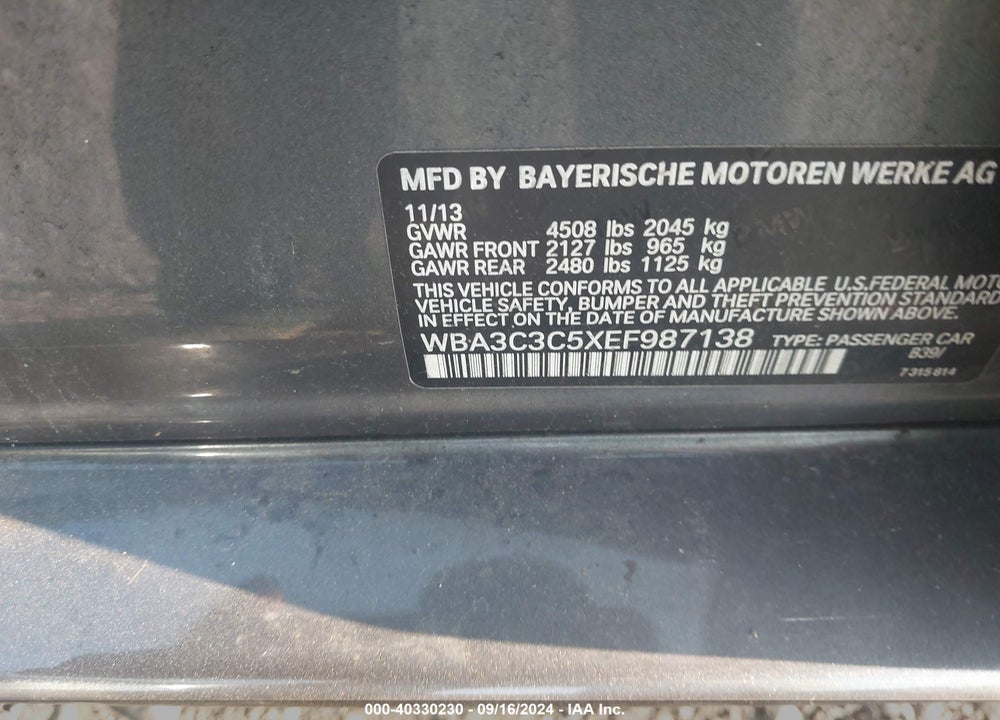 2014 BMW 320I XDRIVE VIN: WBA3C3C5XEF987138