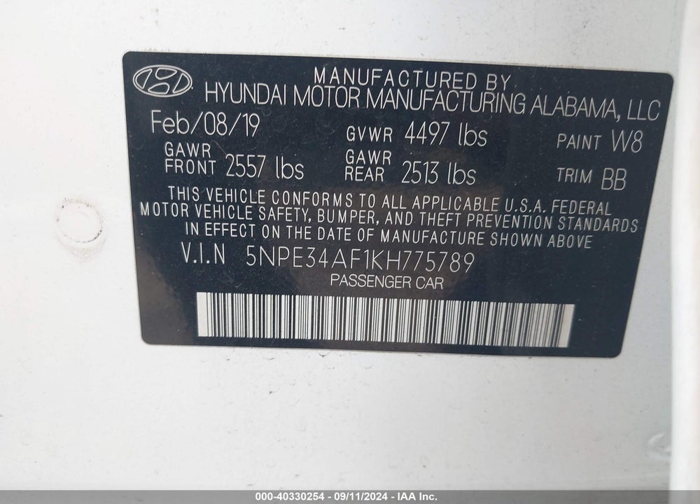 2019 HYUNDAI SONATA SEL VIN: 5NPE34AF1KH775789