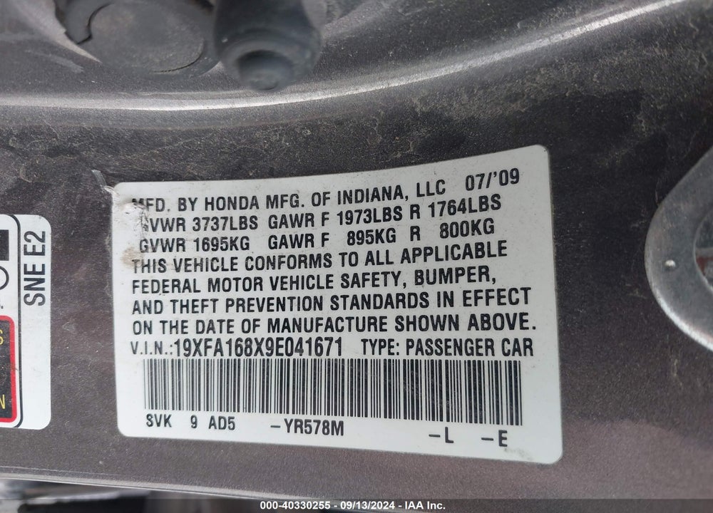 2009 HONDA CIVIC EX VIN: 19XFA168X9E041671