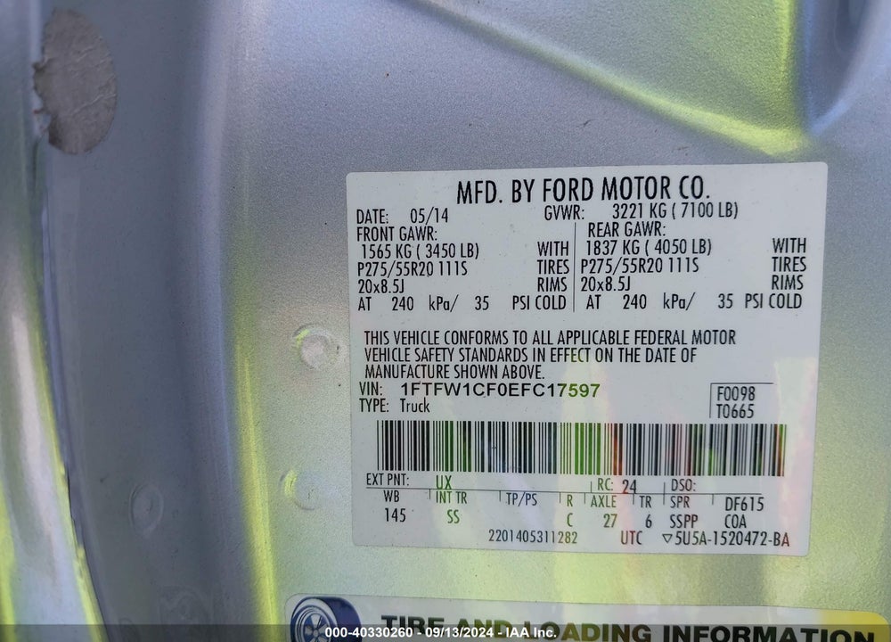 2014 FORD F-150 STX VIN: 1FTFW1CF0EFC17597
