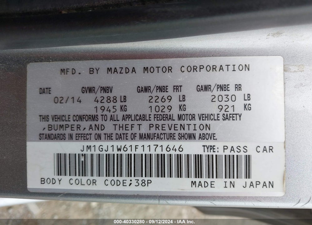 2015 MAZDA 6 I GRAND TOURING VIN: JM1GJ1W61F1171646