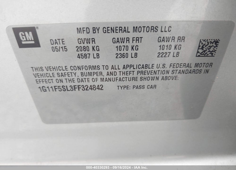 2015 CHEVROLET MALIBU 1LZ VIN: 1G11F5SL3FF324842