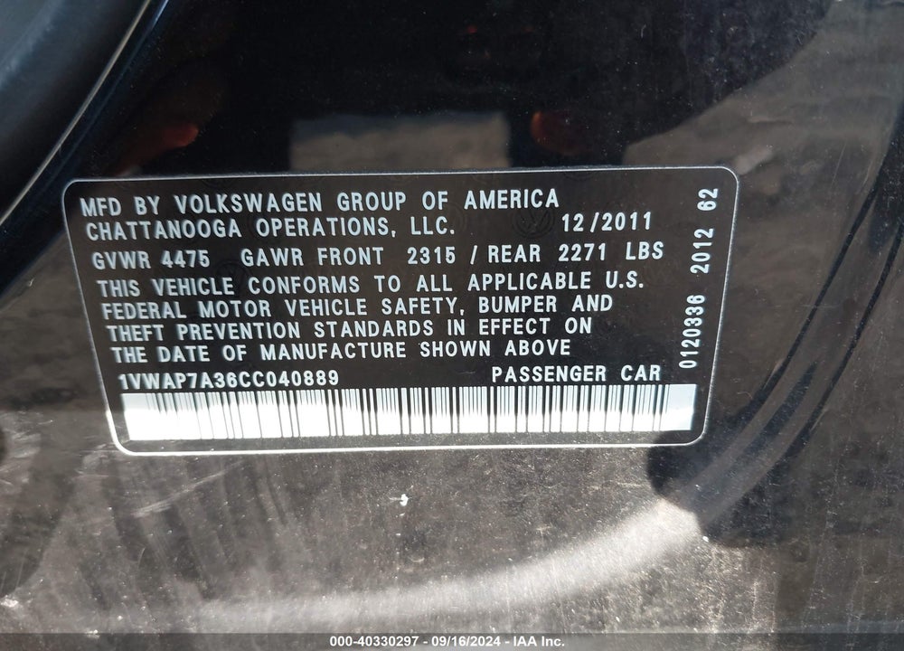 2012 VOLKSWAGEN PASSAT 2.5L S VIN: 1VWAP7A36CC040889