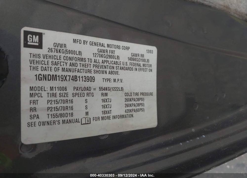 2004 CHEVROLET ASTRO VIN: 1GNDM19X74B113909