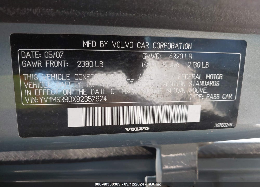 2008 VOLVO S40 2.4I VIN: YV1MS390X82357924