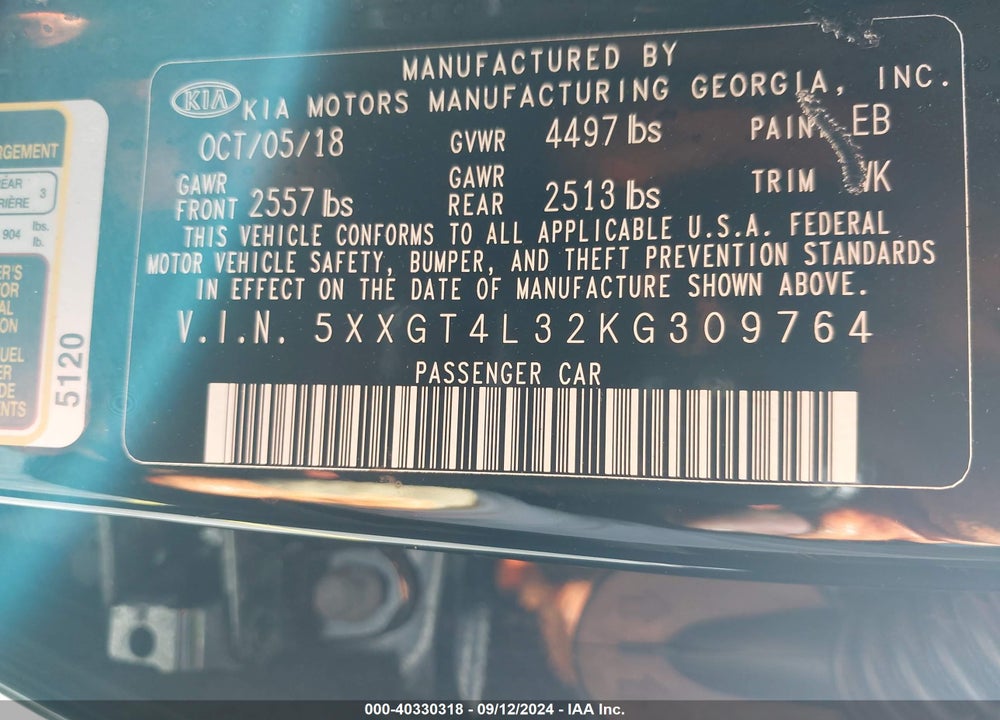 2019 KIA OPTIMA LX VIN: 5XXGT4L32KG309764