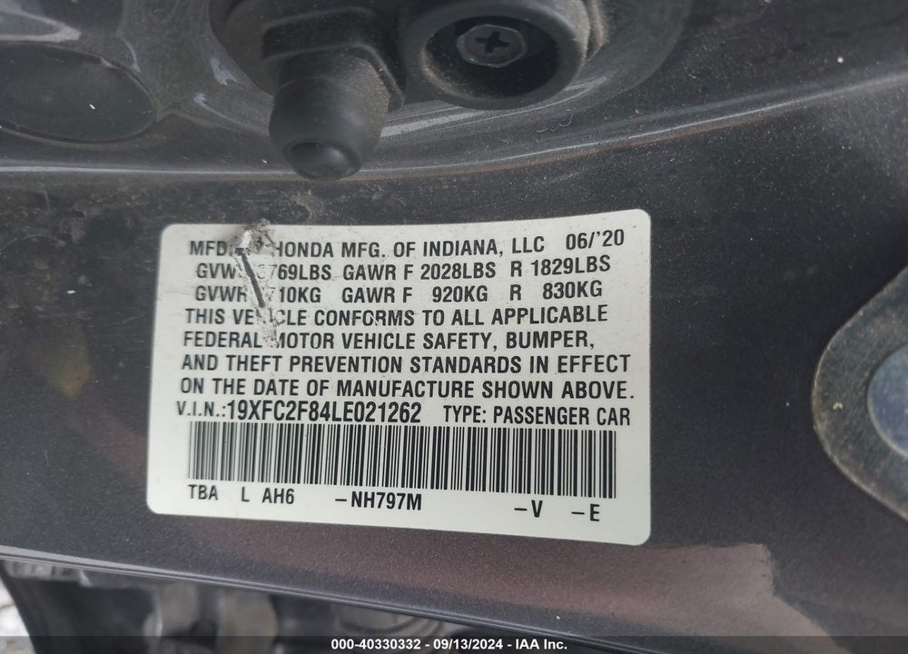 2020 HONDA CIVIC SPORT VIN: 19XFC2F84LE021262