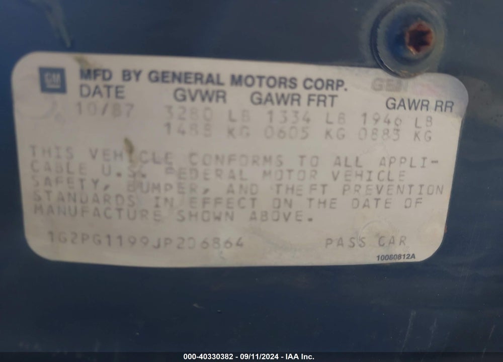 1988 PONTIAC FIERO GT VIN: 1G2PG1199JP206864