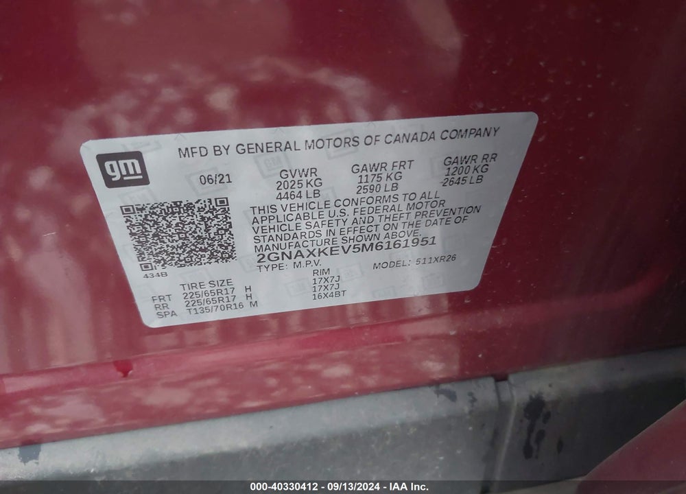 2021 CHEVROLET EQUINOX VIN: 2GNAXKEV5M6161951