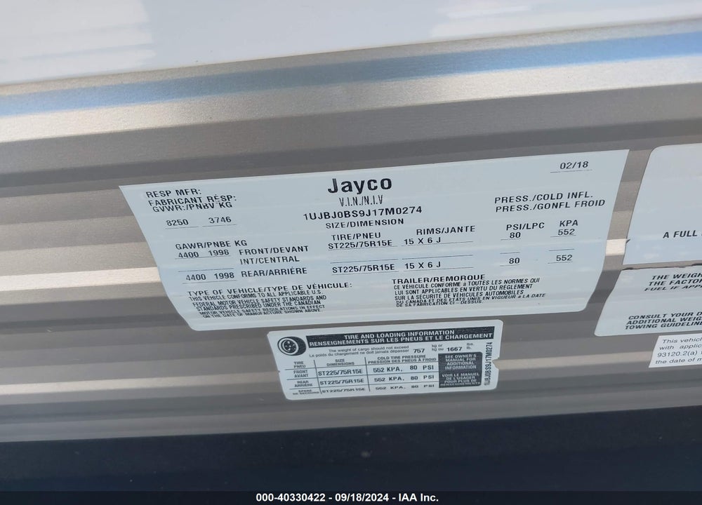 2018 JAYCO OTHER VIN: 1UJBJ0BS9J17M0274