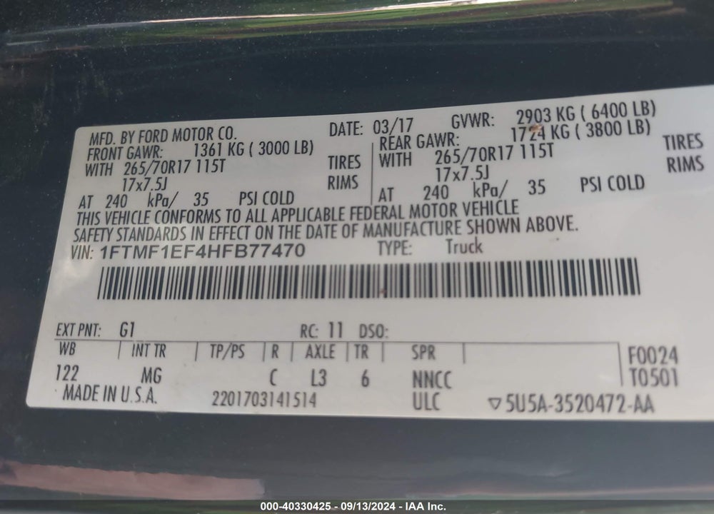 2017 FORD F-150 XLT VIN: 1FTMF1EF4HFB77470