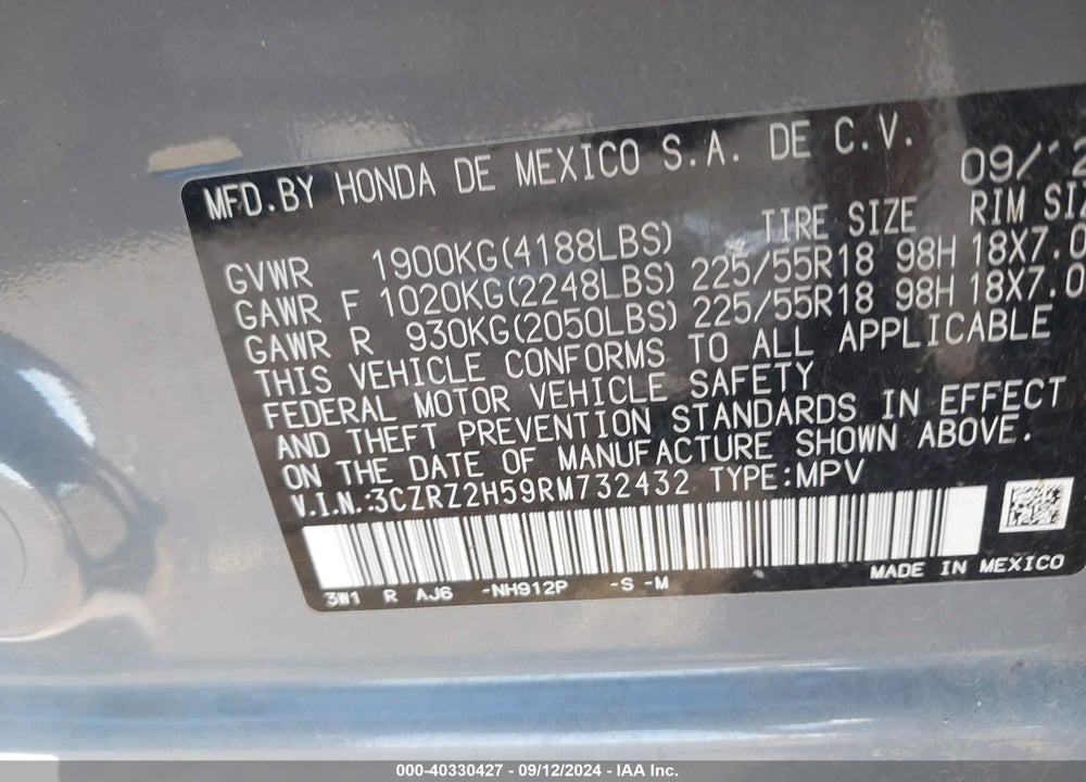 2024 HONDA HR-V AWD SPORT/AWD SPORT W/O BSI VIN: 3CZRZ2H59RM732432