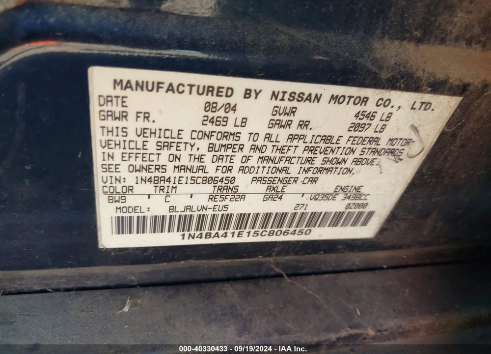 2005 NISSAN MAXIMA 3.5 SL VIN: 1N4BA41E15C806450