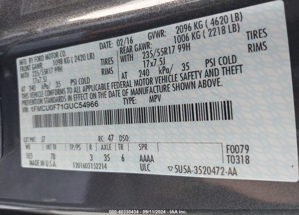 2016 FORD ESCAPE S VIN: 1FMCU0F71GUC54966