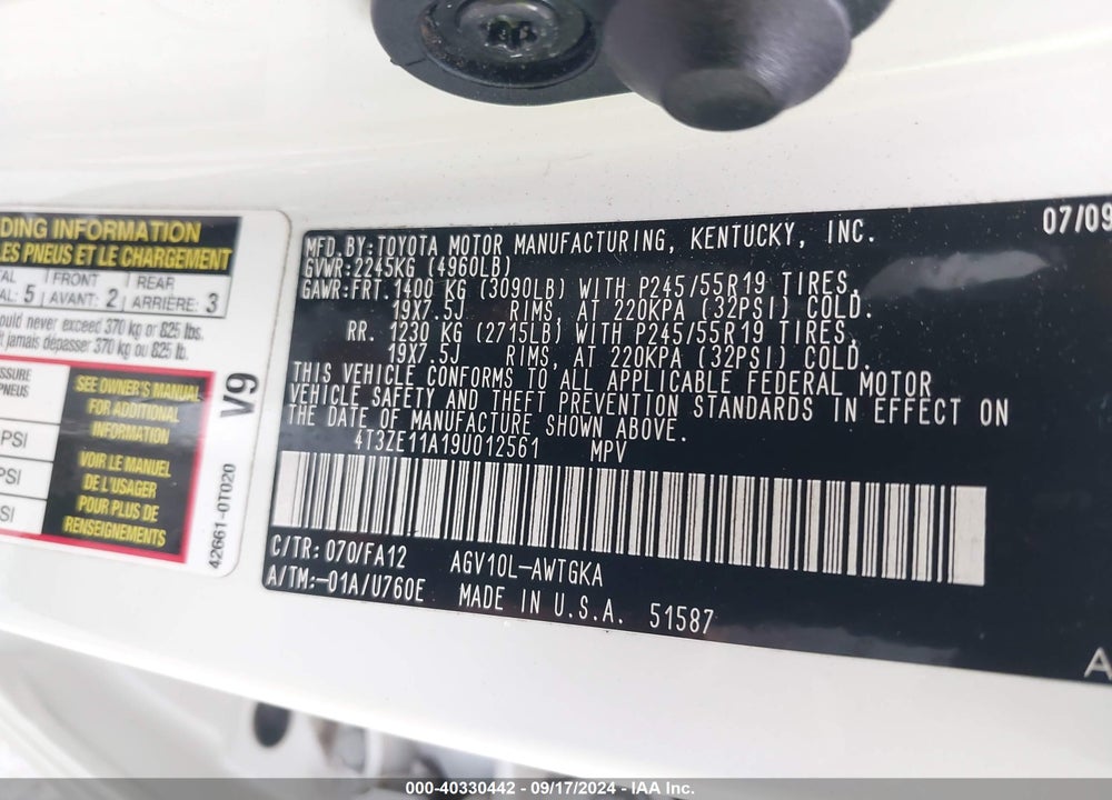 2009 TOYOTA VENZA VIN: 4T3ZE11A19U012561