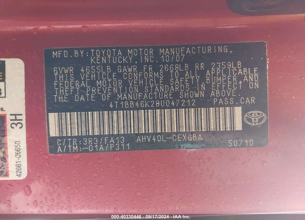 2008 TOYOTA CAMRY HYBRID VIN: 4T1BB46K28U047212