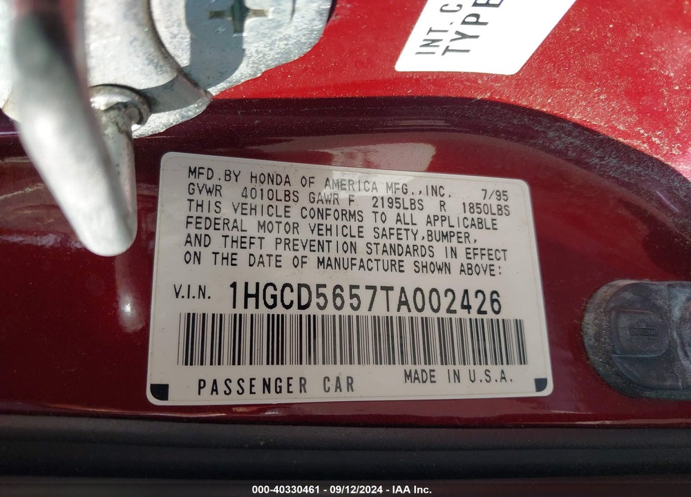 1996 HONDA ACCORD EX/EX-R VIN: 1HGCD5657TA002426