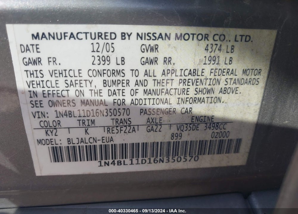 2006 NISSAN ALTIMA 3.5 SE VIN: 1N4BL11D16N350570