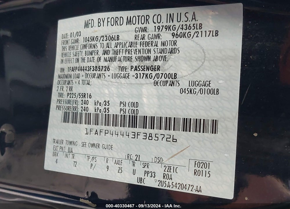 2003 FORD MUSTANG DELUXE VIN: 1FAFP44443F385726