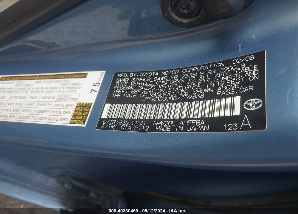 2008 TOYOTA PRIUS VIN: JTDKB20U887759838