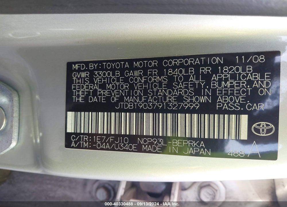 2009 TOYOTA YARIS VIN: JTDBT903791327999