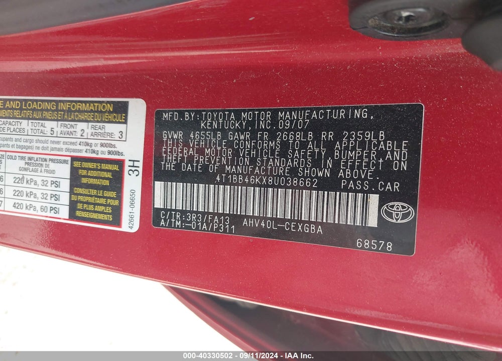 2008 TOYOTA CAMRY HYBRID VIN: 4T1BB46KX8U038662