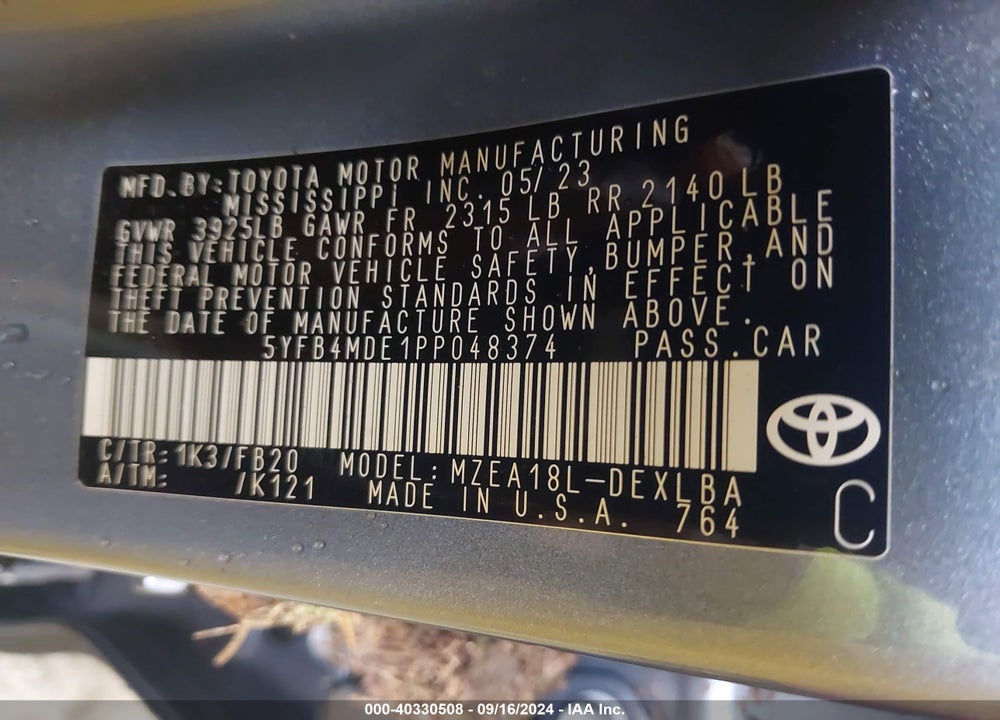 2023 TOYOTA COROLLA LE VIN: 5YFB4MDE1PP048374