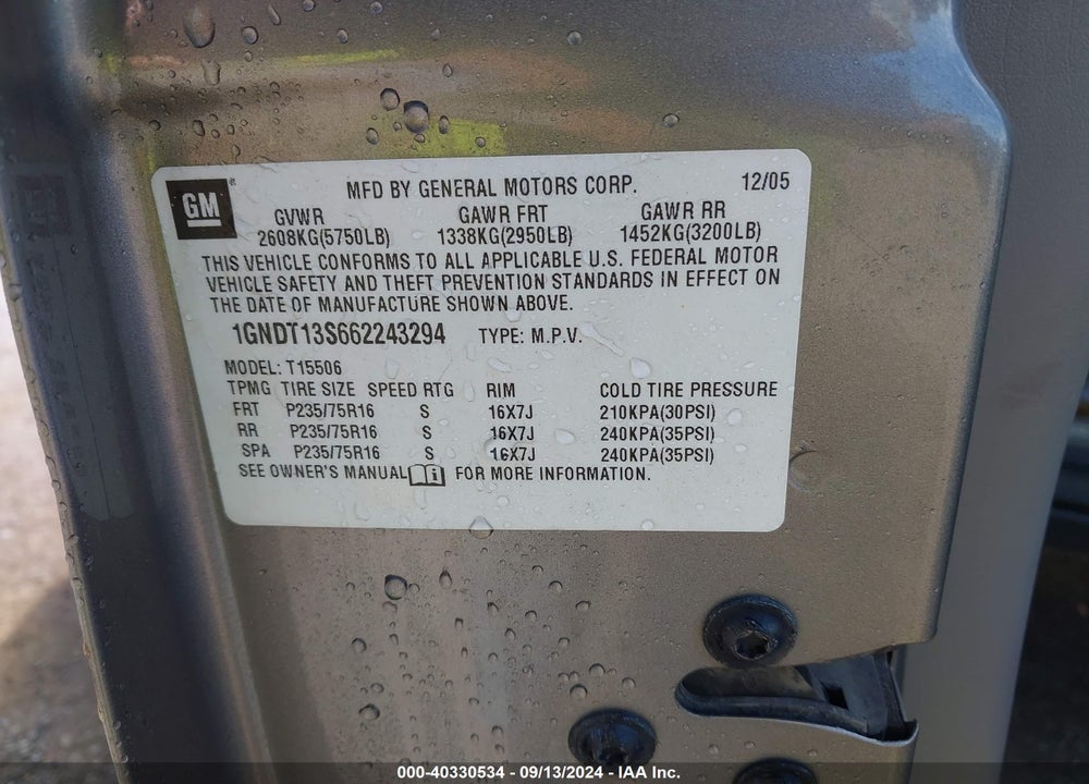 2006 CHEVROLET TRAILBLAZER LS VIN: 1GNDT13S662243294