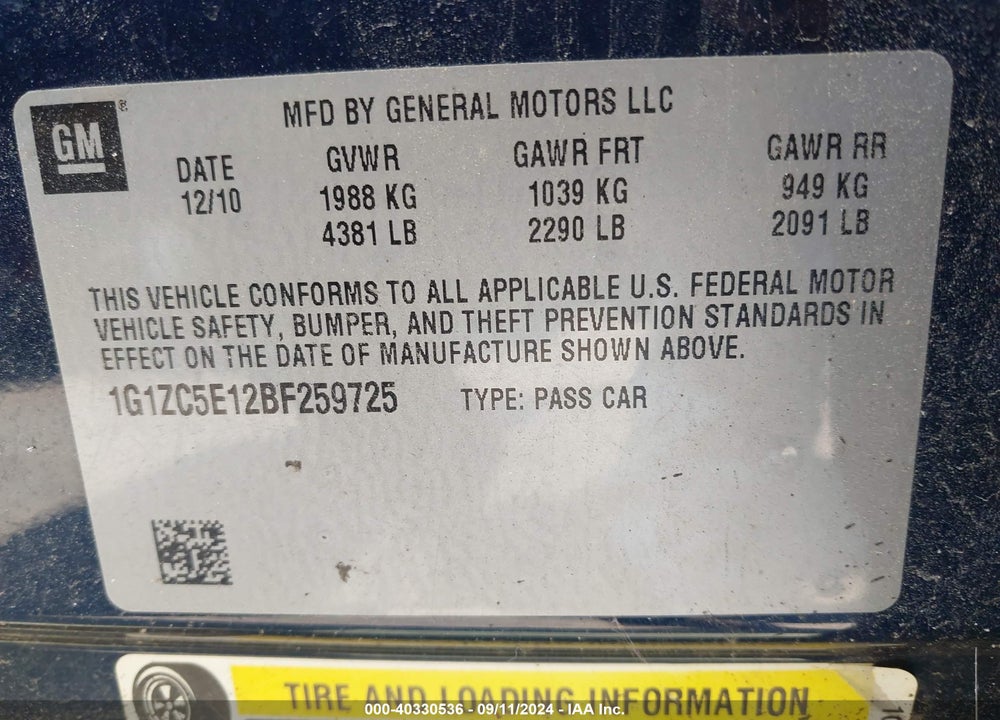 2011 CHEVROLET MALIBU 1LT VIN: 1G1ZC5E12BF259725