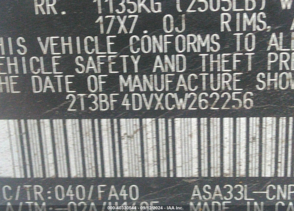 2012 TOYOTA RAV4 VIN: 2T3BF4DVXCW262256