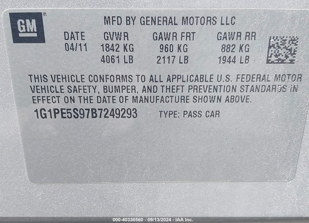 2011 CHEVROLET CRUZE LT VIN: 1G1PE5S97B7249293