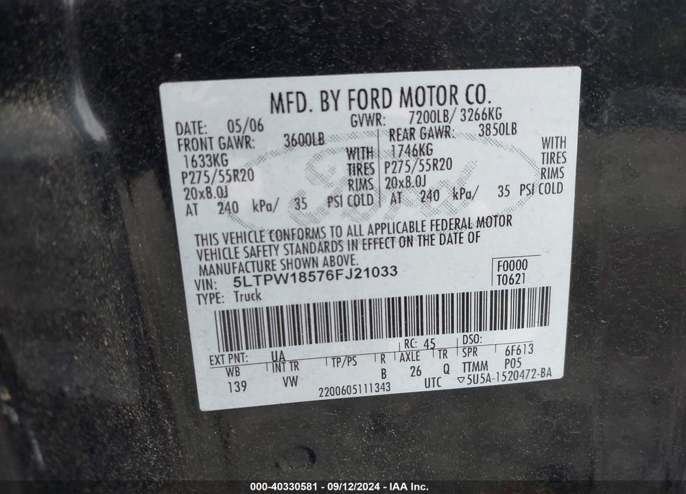 2006 LINCOLN MARK LT VIN: 5LTPW18576FJ21033