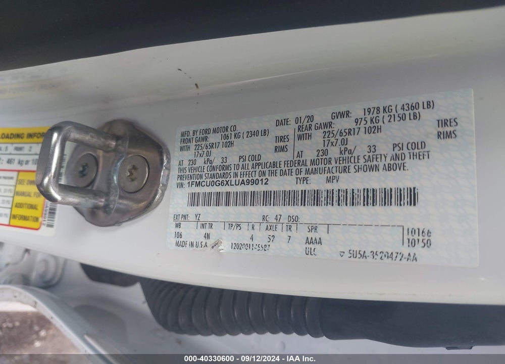 2020 FORD ESCAPE SE VIN: 1FMCU0G6XLUA99012