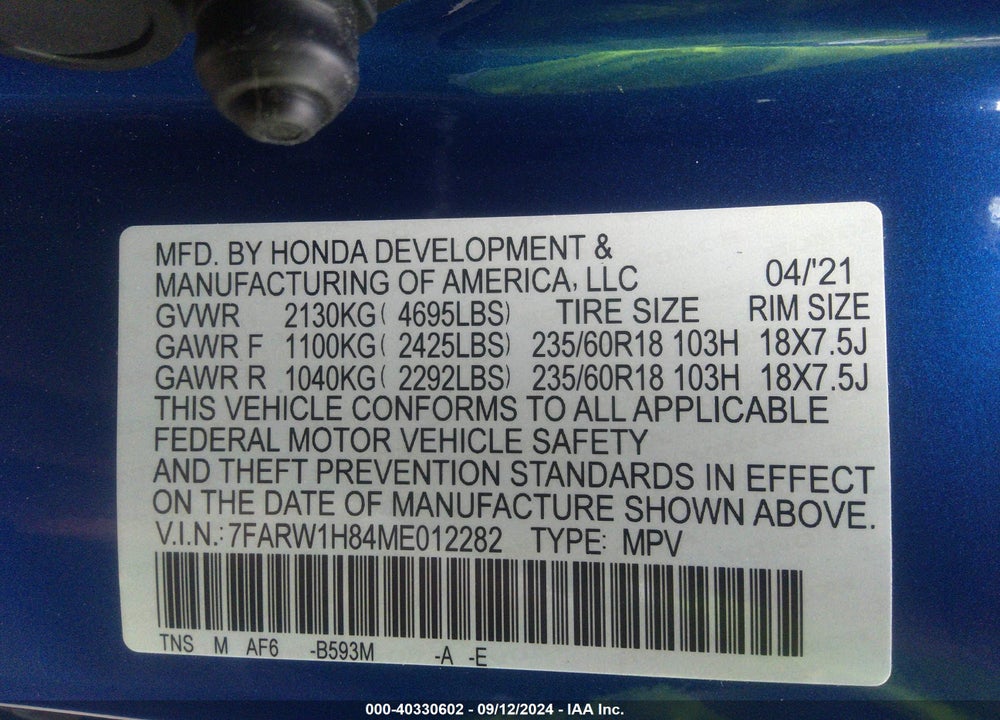 2021 HONDA CR-V 2WD EX-L VIN: 7FARW1H84ME012282